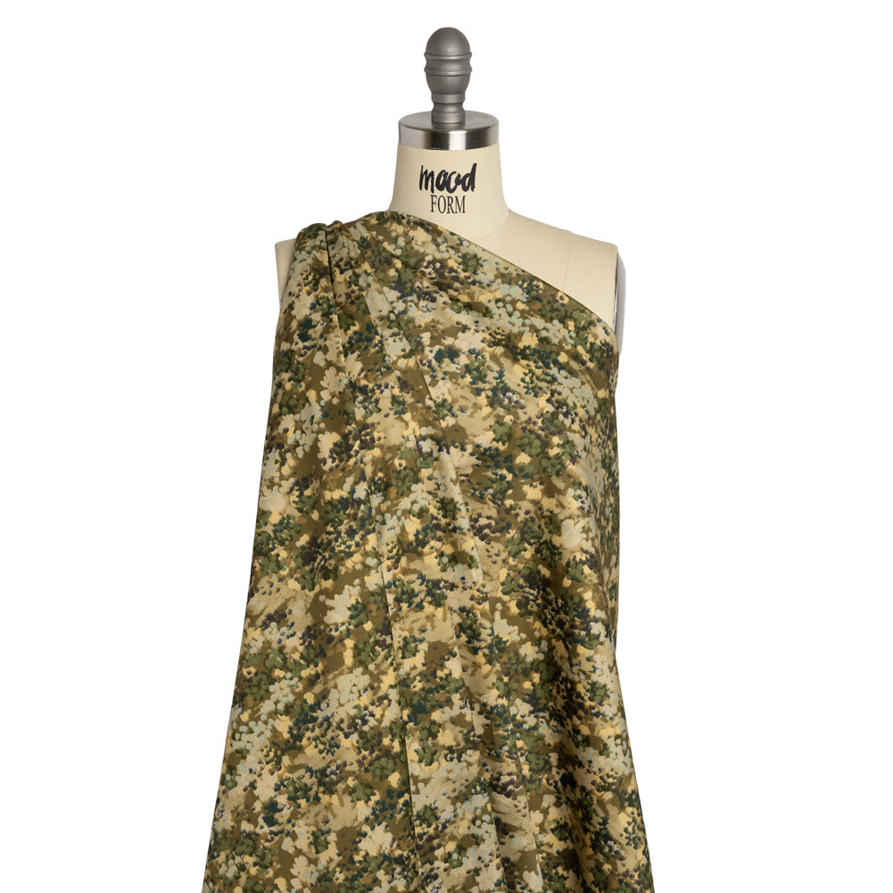 Stretch Cotton Sateen - Olive, Green and Beige Abstract Dots - Forest Lookout Print - Mood Exclusive Acadia Collection - Drape Stretch Cotton Sateen - Olive, Green and Beige Abstract Dots - Forest Lookout Print - Mood Exclusive Acadia Collection - Drape