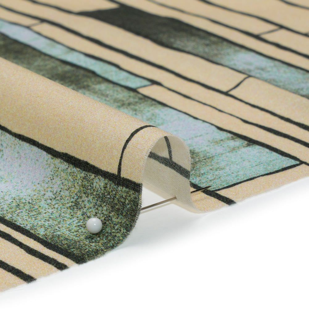 Cotton Voile - Green and Cream Geometric Blocks - Cliffside Climb Print - Mood Exclusive Acadia Collection - Detail Cotton Voile - Green and Cream Geometric Blocks - Cliffside Climb Print - Mood Exclusive Acadia Collection - Detail
