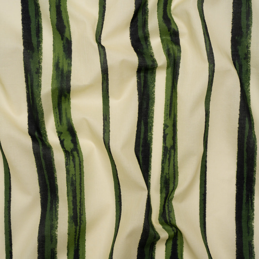 Cotton Voile - Cream and Green Painted Stripes - Verdant Trail Print - Mood Exclusive Acadia Collection Cotton Voile - Cream and Green Painted Stripes - Verdant Trail Print - Mood Exclusive Acadia Collection