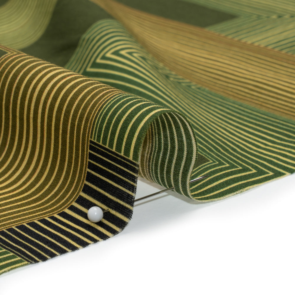 Cotton Voile - Olive and Hunter Green Geometric Lines - Hedge Maze Print - Mood Exclusive Acadia Collection - Detail Cotton Voile - Olive and Hunter Green Geometric Lines - Hedge Maze Print - Mood Exclusive Acadia Collection - Detail