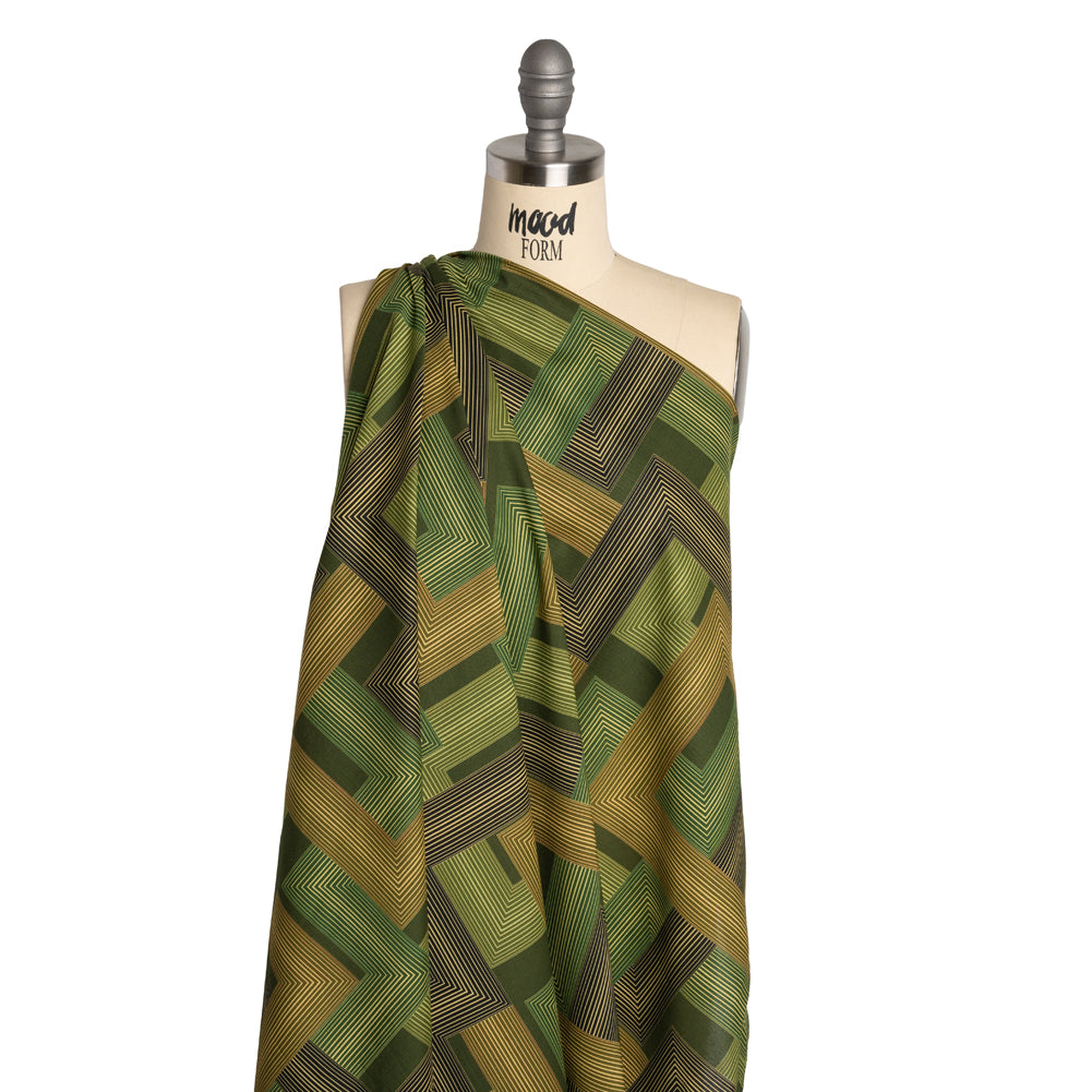 Cotton Voile - Olive and Hunter Green Geometric Lines - Hedge Maze Print - Mood Exclusive Acadia Collection - Drape Cotton Voile - Olive and Hunter Green Geometric Lines - Hedge Maze Print - Mood Exclusive Acadia Collection - Drape