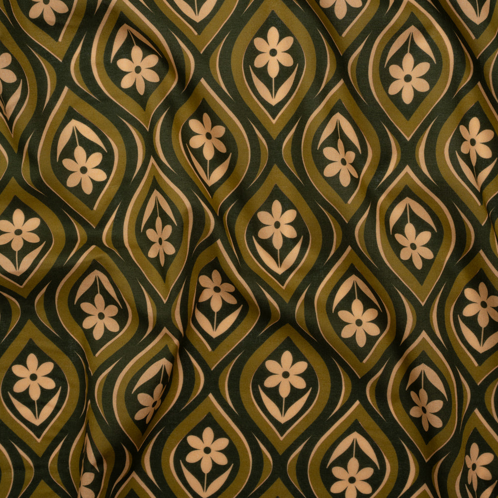 Cotton Voile - Olive, Hunter Green, and Beige Floral Ogees - Woodland Blooms Print - Mood Exclusive Acadia Collection Cotton Voile - Olive, Hunter Green, and Beige Floral Ogees - Woodland Blooms Print - Mood Exclusive Acadia Collection