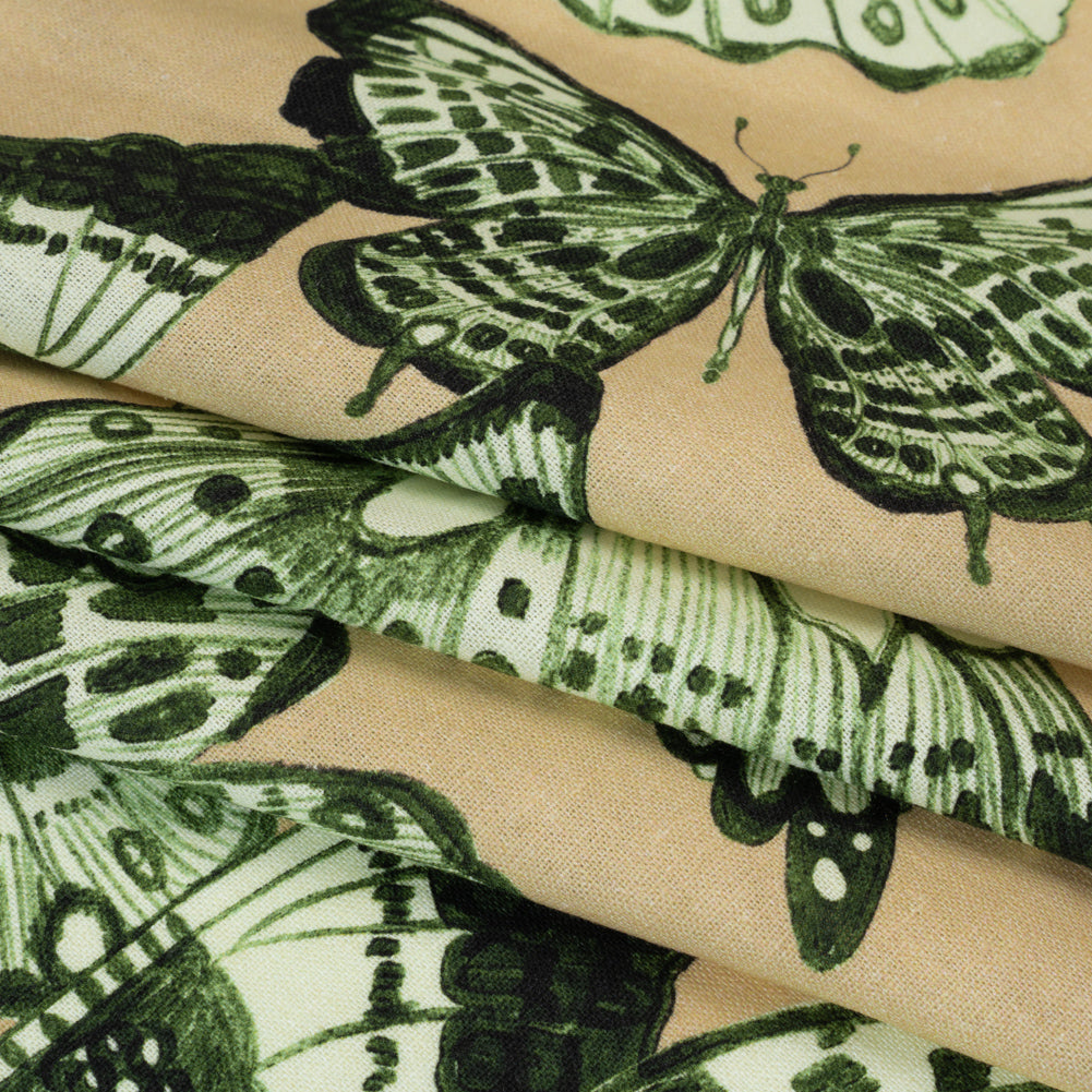 Linen and Rayon Woven - Green and Cream Butterflies - Monarch Mountain Print - Mood Exclusive Acadia Collection Linen and Rayon Woven - Green and Cream Butterflies - Monarch Mountain Print - Mood Exclusive Acadia Collection
