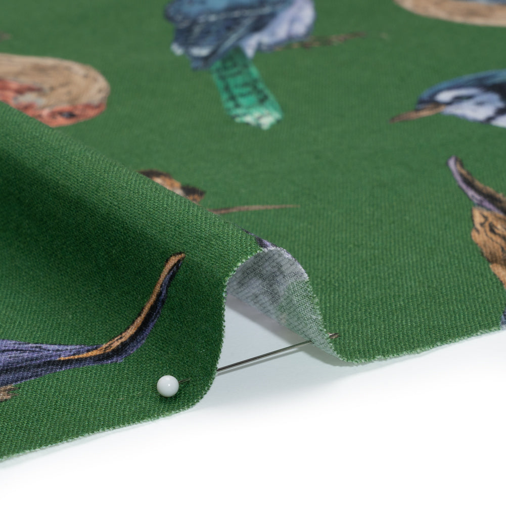 Linen and Rayon Woven - Green, Blue and Beige Little Birds - Birdsong Saunter Print - Mood Exclusive Acadia Collection Linen and Rayon Woven - Green, Blue and Beige Little Birds - Birdsong Saunter Print - Mood Exclusive Acadia Collection
