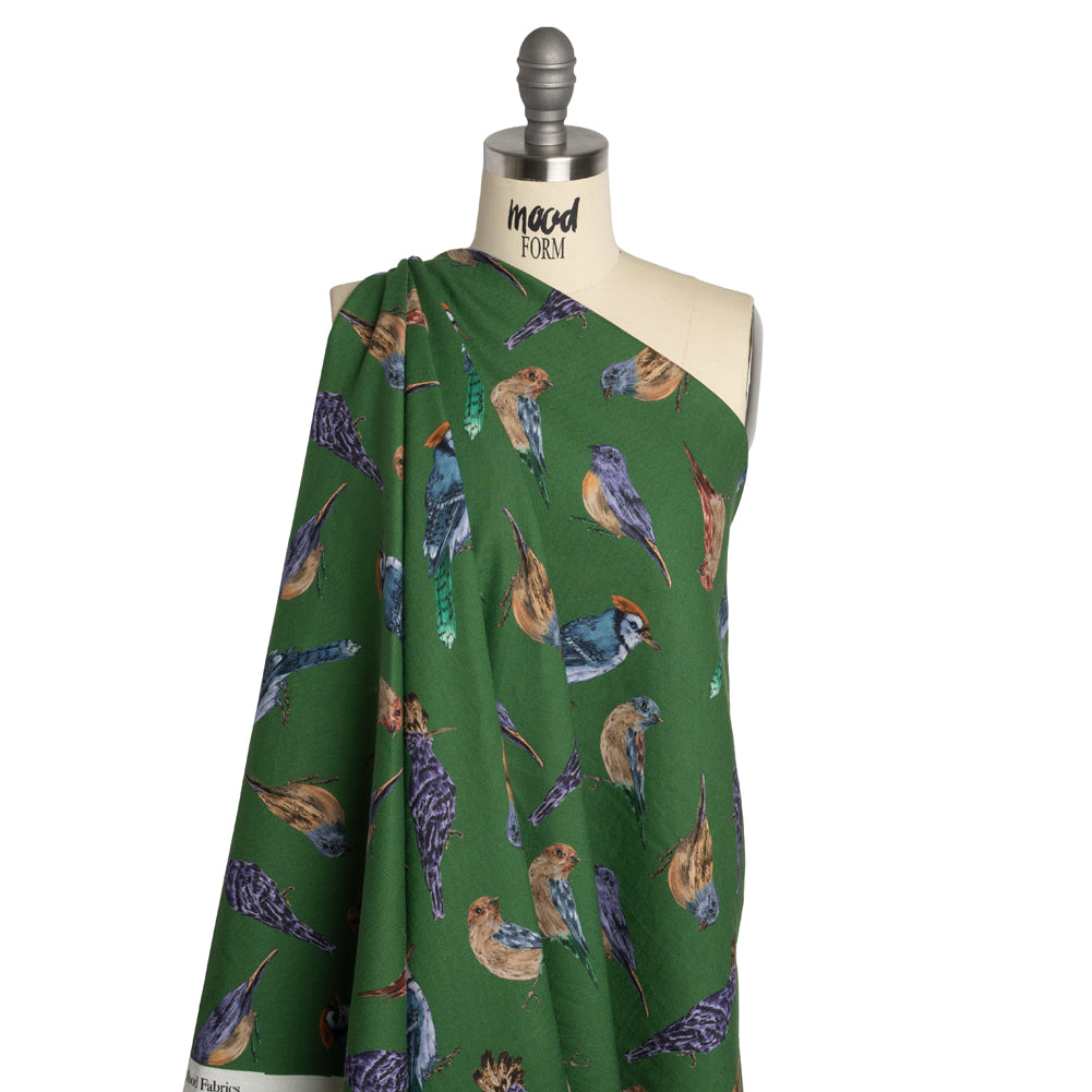 Linen and Rayon Woven - Green, Blue and Beige Little Birds - Birdsong Saunter Print - Mood Exclusive Acadia Collection Linen and Rayon Woven - Green, Blue and Beige Little Birds - Birdsong Saunter Print - Mood Exclusive Acadia Collection