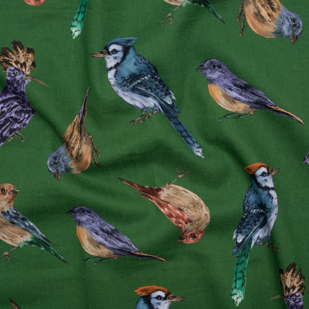 Linen and Rayon Woven - Green, Blue and Beige Little Birds - Birdsong Saunter Print - Mood Exclusive Acadia Collection Linen and Rayon Woven - Green, Blue and Beige Little Birds - Birdsong Saunter Print - Mood Exclusive Acadia Collection