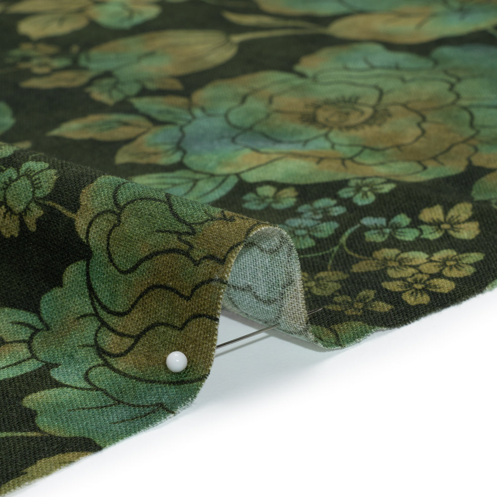 Linen and Rayon Woven - Green, Olive and Navy Floral - Secret Garden Print - Mood Exclusive Acadia Collection Linen and Rayon Woven - Green, Olive and Navy Floral - Secret Garden Print - Mood Exclusive Acadia Collection