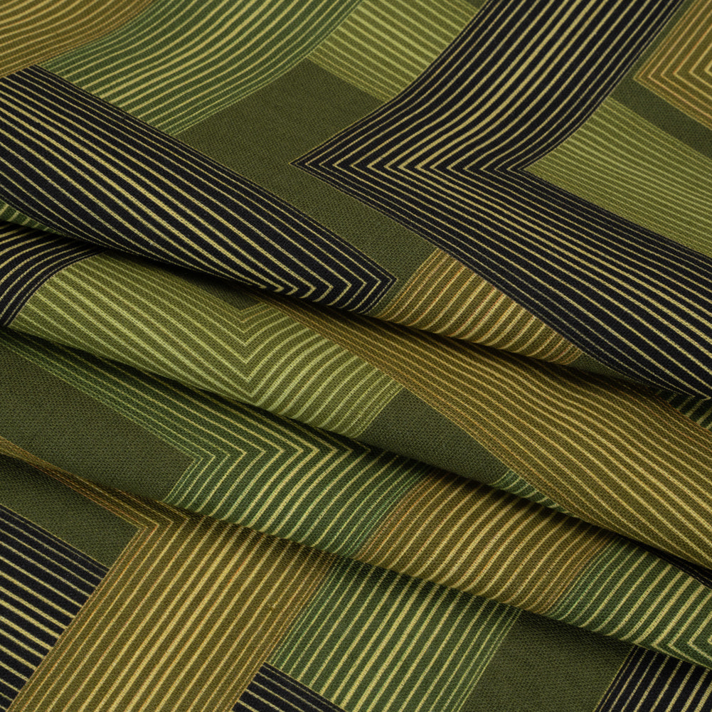 Linen and Rayon Woven - Olive and Hunter Green Geometric Lines - Hedge Maze Print - Mood Exclusive Acadia Collection Linen and Rayon Woven - Olive and Hunter Green Geometric Lines - Hedge Maze Print - Mood Exclusive Acadia Collection