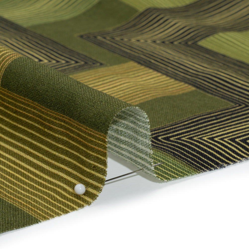 Linen and Rayon Woven - Olive and Hunter Green Geometric Lines - Hedge Maze Print - Mood Exclusive Acadia Collection Linen and Rayon Woven - Olive and Hunter Green Geometric Lines - Hedge Maze Print - Mood Exclusive Acadia Collection