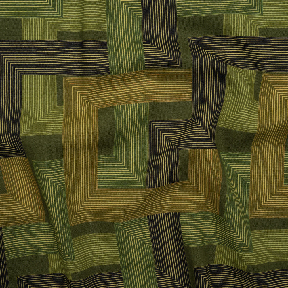 Linen and Rayon Woven - Olive and Hunter Green Geometric Lines - Hedge Maze Print - Mood Exclusive Acadia Collection Linen and Rayon Woven - Olive and Hunter Green Geometric Lines - Hedge Maze Print - Mood Exclusive Acadia Collection