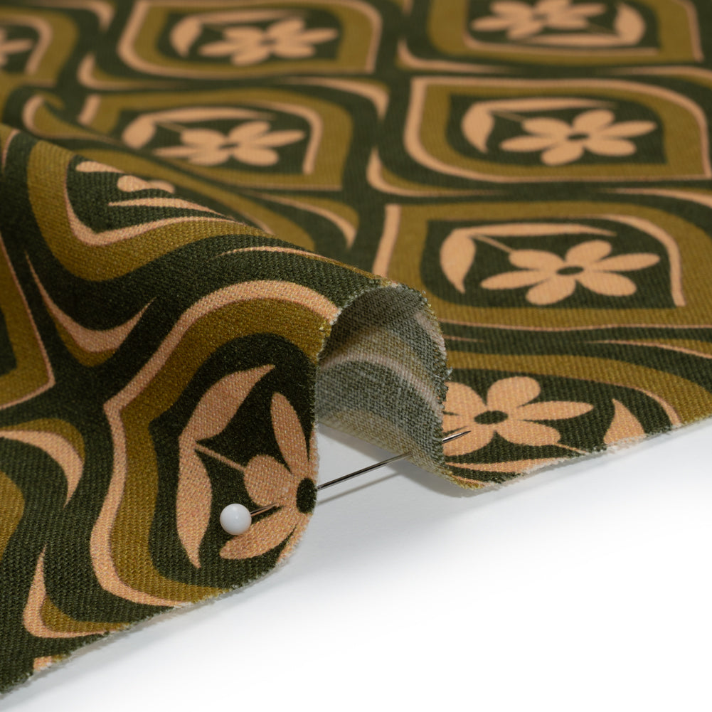 Linen and Rayon Woven - Olive, Hunter Green, and Beige Floral Ogees - Woodland Blooms Print - Mood Exclusive Acadia Collection - Detail Linen and Rayon Woven - Olive, Hunter Green, and Beige Floral Ogees - Woodland Blooms Print - Mood Exclusive Acadia Collection - Detail