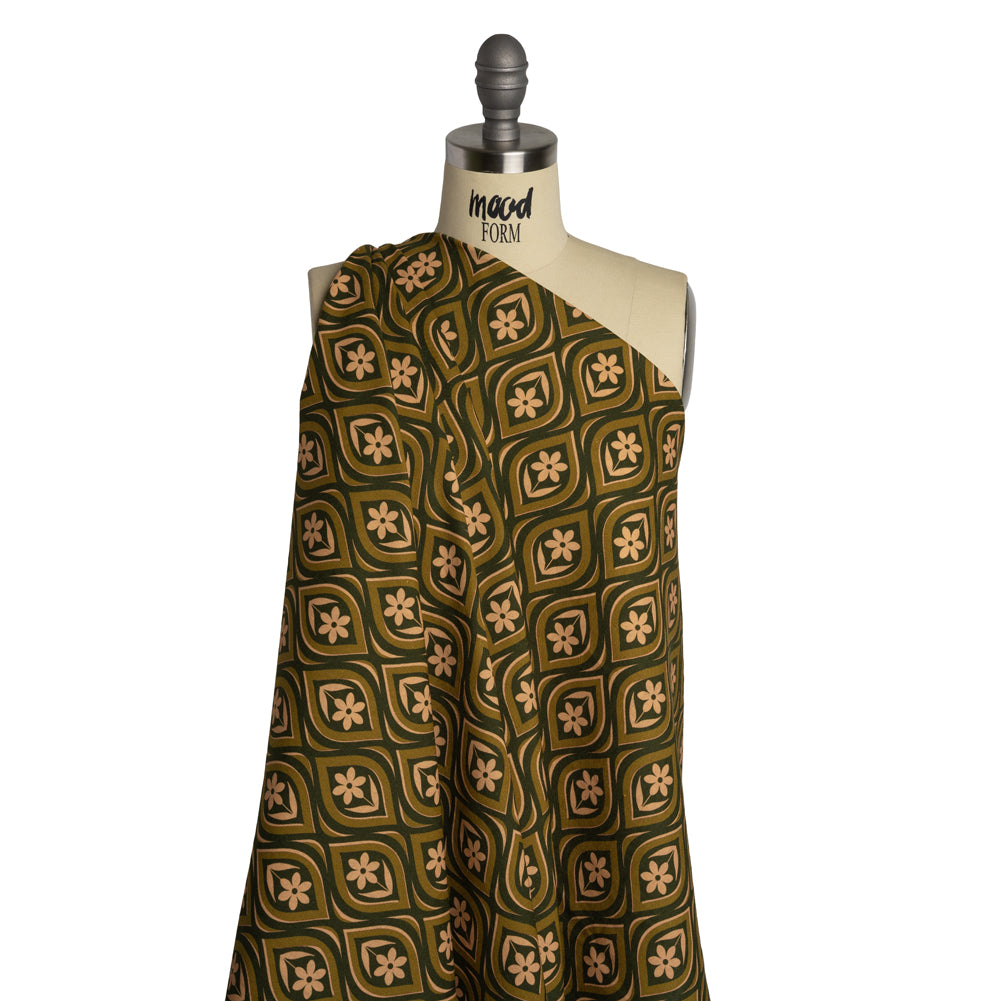 Linen and Rayon Woven - Olive, Hunter Green, and Beige Floral Ogees - Woodland Blooms Print - Mood Exclusive Acadia Collection - Drape Linen and Rayon Woven - Olive, Hunter Green, and Beige Floral Ogees - Woodland Blooms Print - Mood Exclusive Acadia Collection - Drape