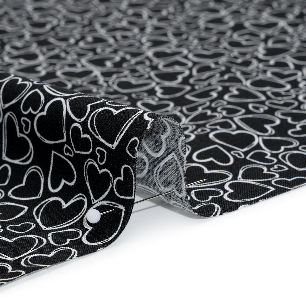 Printed Quilting Cotton by Patrick Lose for Northcott - White on Black Doodle Hearts - Basically Black & White Collection - Detail Printed Quilting Cotton by Patrick Lose for Northcott - White on Black Doodle Hearts - Basically Black & White Collection - Detail