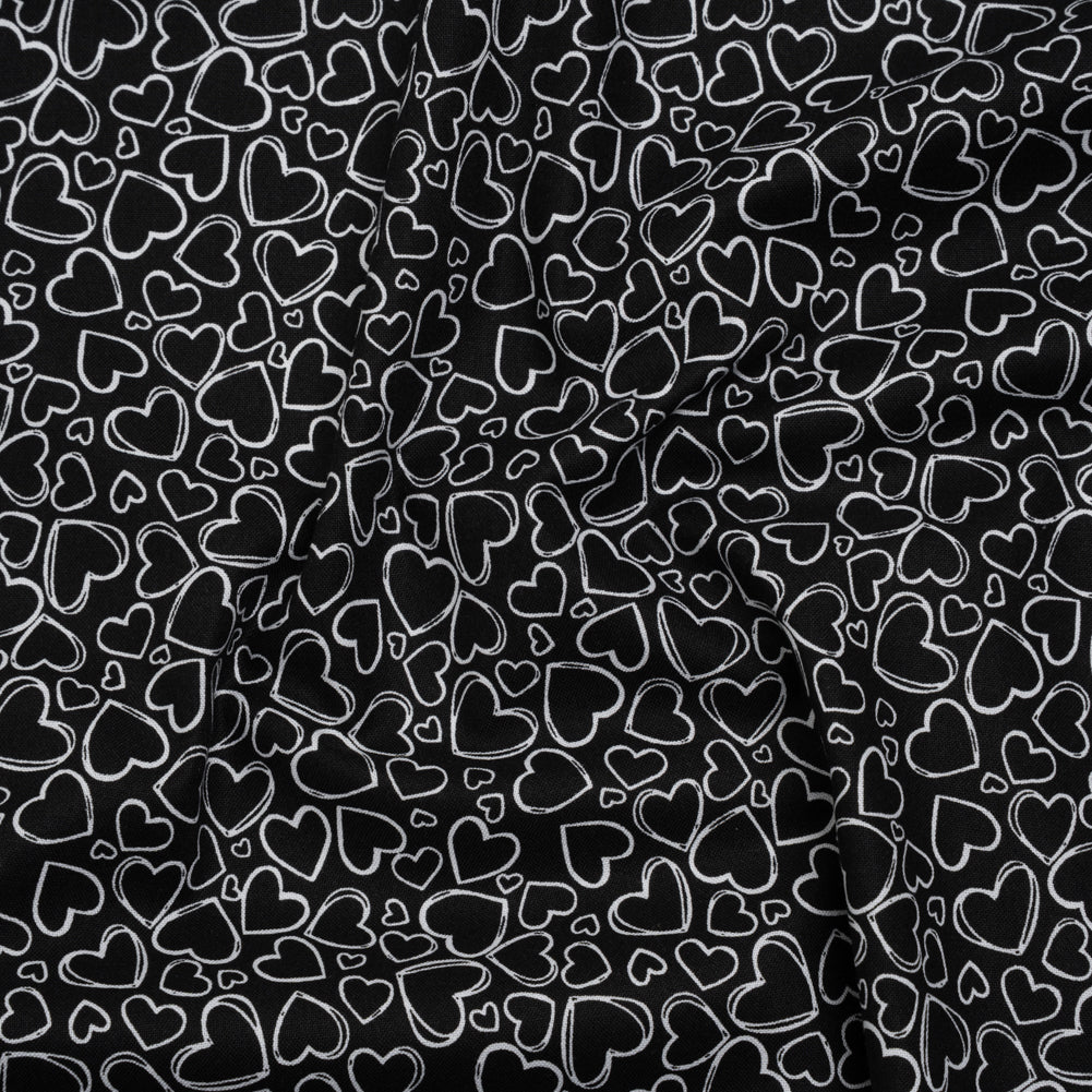 Printed Quilting Cotton by Patrick Lose for Northcott - White on Black Doodle Hearts - Basically Black & White Collection Printed Quilting Cotton by Patrick Lose for Northcott - White on Black Doodle Hearts - Basically Black & White Collection