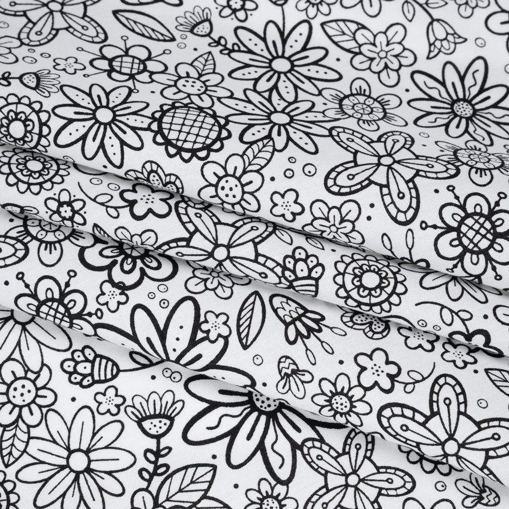 Printed Quilting Cotton by Patrick Lose for Northcott - Black on White Groovy Garden Floral - Basically Black & White Collection - Folded Printed Quilting Cotton by Patrick Lose for Northcott - Black on White Groovy Garden Floral - Basically Black & White Collection - Folded