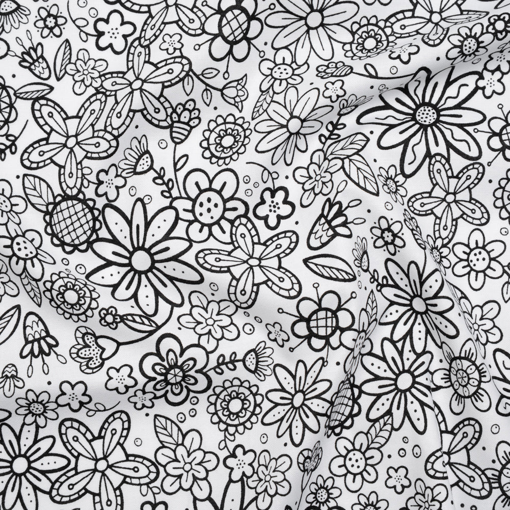 Printed Quilting Cotton by Patrick Lose for Northcott - Black on White Groovy Garden Floral - Basically Black & White Collection Printed Quilting Cotton by Patrick Lose for Northcott - Black on White Groovy Garden Floral - Basically Black & White Collection