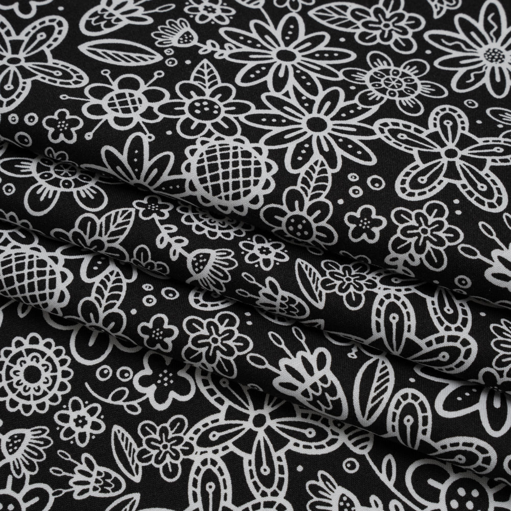 Printed Quilting Cotton by Patrick Lose for Northcott - Negative Groovy Garden Floral - Basically Black & White Collection - Folded Printed Quilting Cotton by Patrick Lose for Northcott - Negative Groovy Garden Floral - Basically Black & White Collection - Folded