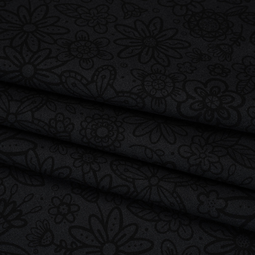 Printed Quilting Cotton by Patrick Lose for Northcott - Black on Black Groovy Garden Floral - Basically Black & White Collection Folded Printed Quilting Cotton by Patrick Lose for Northcott - Black on Black Groovy Garden Floral - Basically Black & White Collection Folded