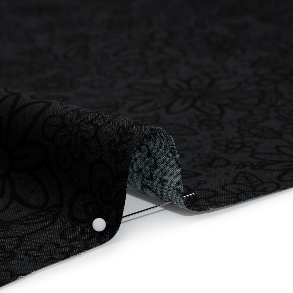 Printed Quilting Cotton by Patrick Lose for Northcott - Black on Black Groovy Garden Floral - Basically Black & White Collection Detail Printed Quilting Cotton by Patrick Lose for Northcott - Black on Black Groovy Garden Floral - Basically Black & White Collection Detail