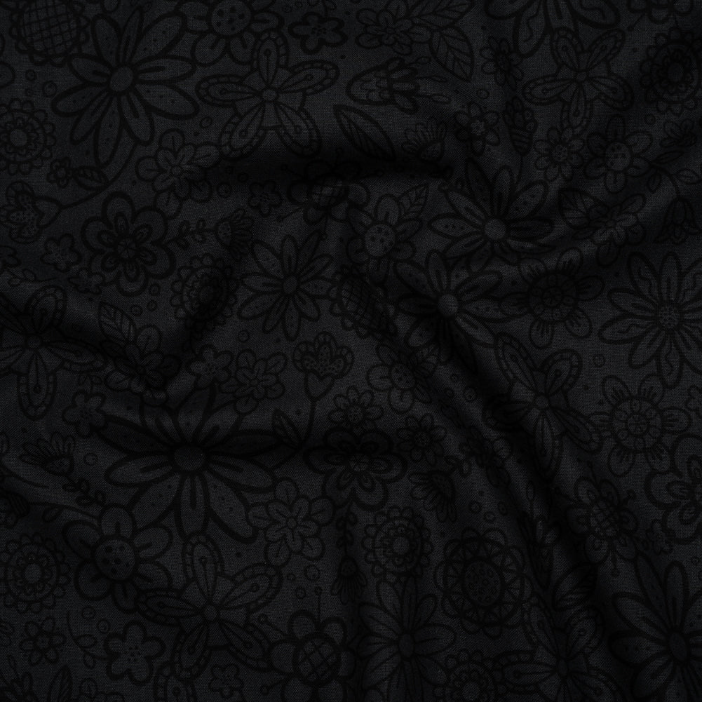 Printed Quilting Cotton by Patrick Lose for Northcott - Black on Black Groovy Garden Floral - Basically Black & White Collection Printed Quilting Cotton by Patrick Lose for Northcott - Black on Black Groovy Garden Floral - Basically Black & White Collection