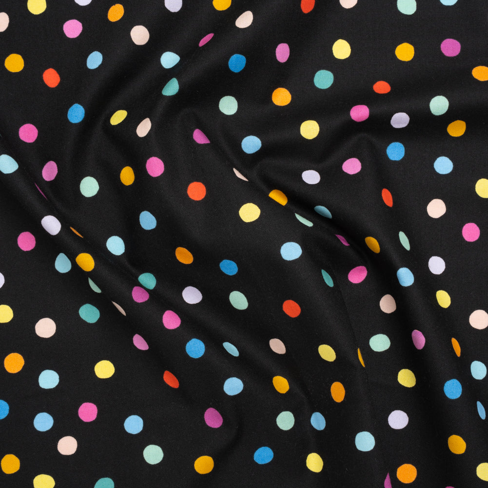 Printed Quilting Cotton by Ghazal Razavi for FIGO Studio - Black and Rainbow Pom Poms - Dusk Collection Printed Quilting Cotton by Ghazal Razavi for FIGO Studio - Black and Rainbow Pom Poms - Dusk Collection