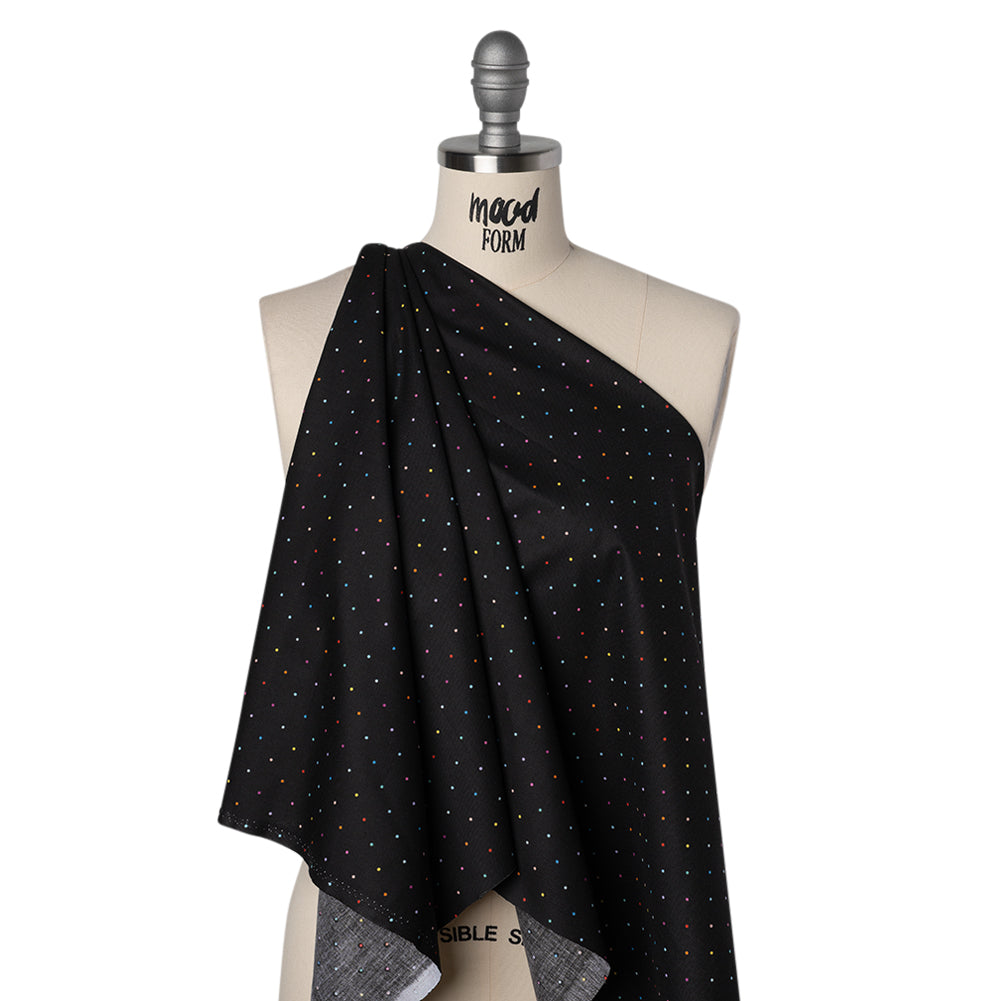 Printed Quilting Cotton by Ghazal Razavi for FIGO Studio - Black and Rainbow Ditsy Dots - Dusk Collection Printed Quilting Cotton by Ghazal Razavi for FIGO Studio - Black and Rainbow Ditsy Dots - Dusk Collection