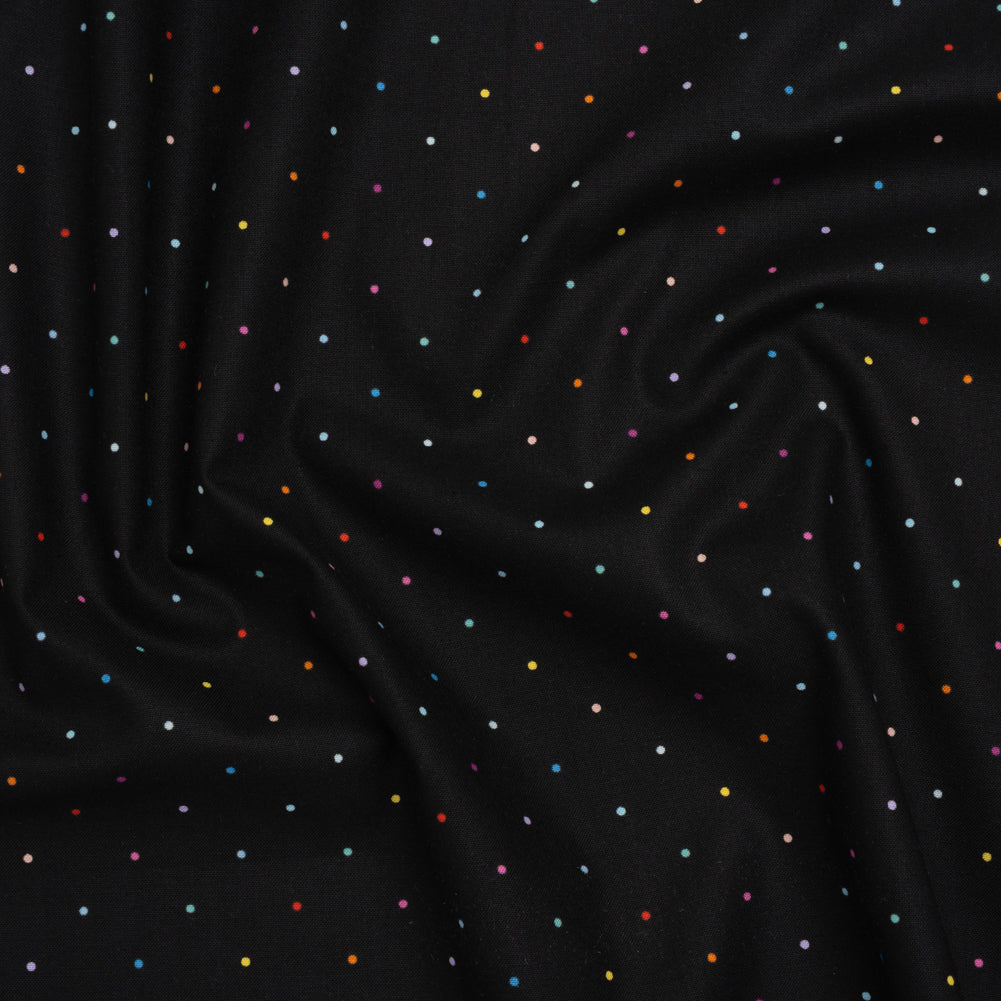 Printed Quilting Cotton by Ghazal Razavi for FIGO Studio - Black and Rainbow Ditsy Dots - Dusk Collection Printed Quilting Cotton by Ghazal Razavi for FIGO Studio - Black and Rainbow Ditsy Dots - Dusk Collection