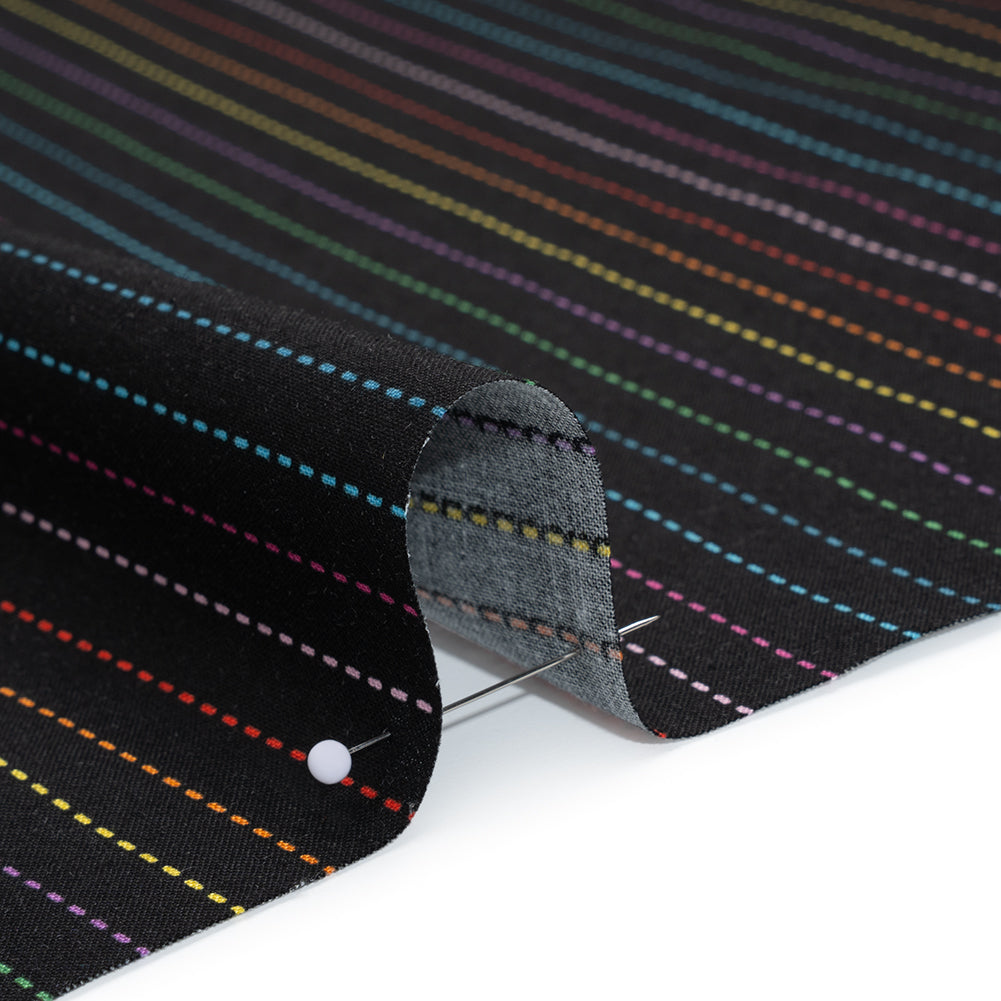 Printed Quilting Cotton by Ghazal Razavi for FIGO Studio - Black and Rainbow Dashed Stripes - Dusk Collection Printed Quilting Cotton by Ghazal Razavi for FIGO Studio - Black and Rainbow Dashed Stripes - Dusk Collection