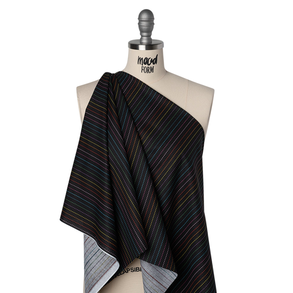 Printed Quilting Cotton by Ghazal Razavi for FIGO Studio - Black and Rainbow Dashed Stripes - Dusk Collection Printed Quilting Cotton by Ghazal Razavi for FIGO Studio - Black and Rainbow Dashed Stripes - Dusk Collection