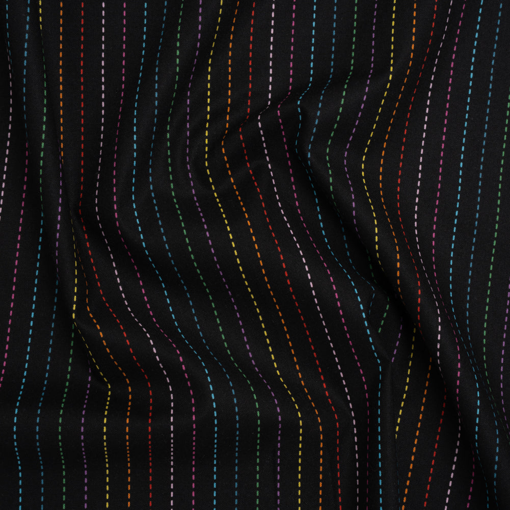 Printed Quilting Cotton by Ghazal Razavi for FIGO Studio - Black and Rainbow Dashed Stripes - Dusk Collection Printed Quilting Cotton by Ghazal Razavi for FIGO Studio - Black and Rainbow Dashed Stripes - Dusk Collection