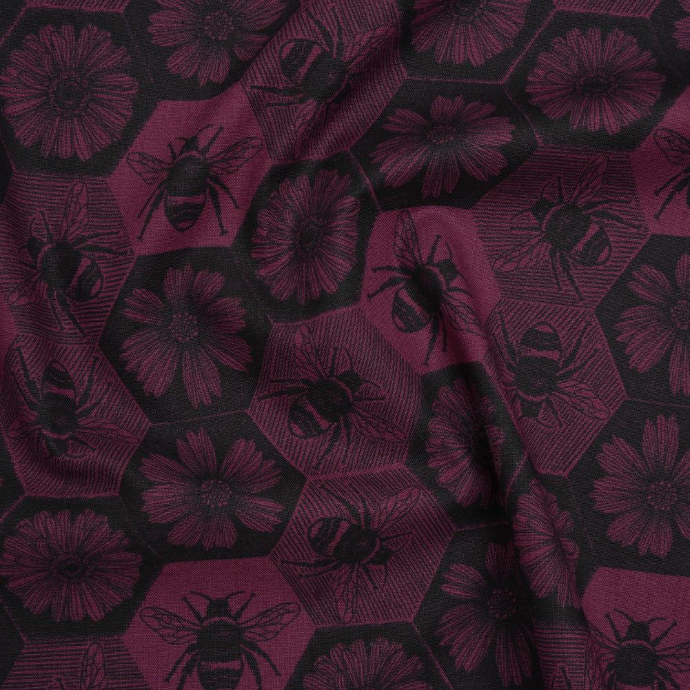 Printed Quilting Cotton by Anna Maria Textiles for Northcott - Mulberry Busy Bees and Floral Honeycomb - Indelible Ink Collection Printed Quilting Cotton by Anna Maria Textiles for Northcott - Mulberry Busy Bees and Floral Honeycomb - Indelible Ink Collection