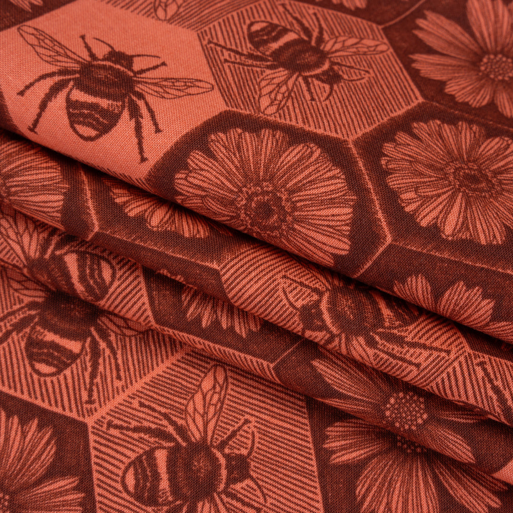 Printed Quilting Cotton by Anna Maria Textiles for Northcott - Coral Busy Bees and Floral Honeycomb - Indelible Ink Collection Printed Quilting Cotton by Anna Maria Textiles for Northcott - Coral Busy Bees and Floral Honeycomb - Indelible Ink Collection