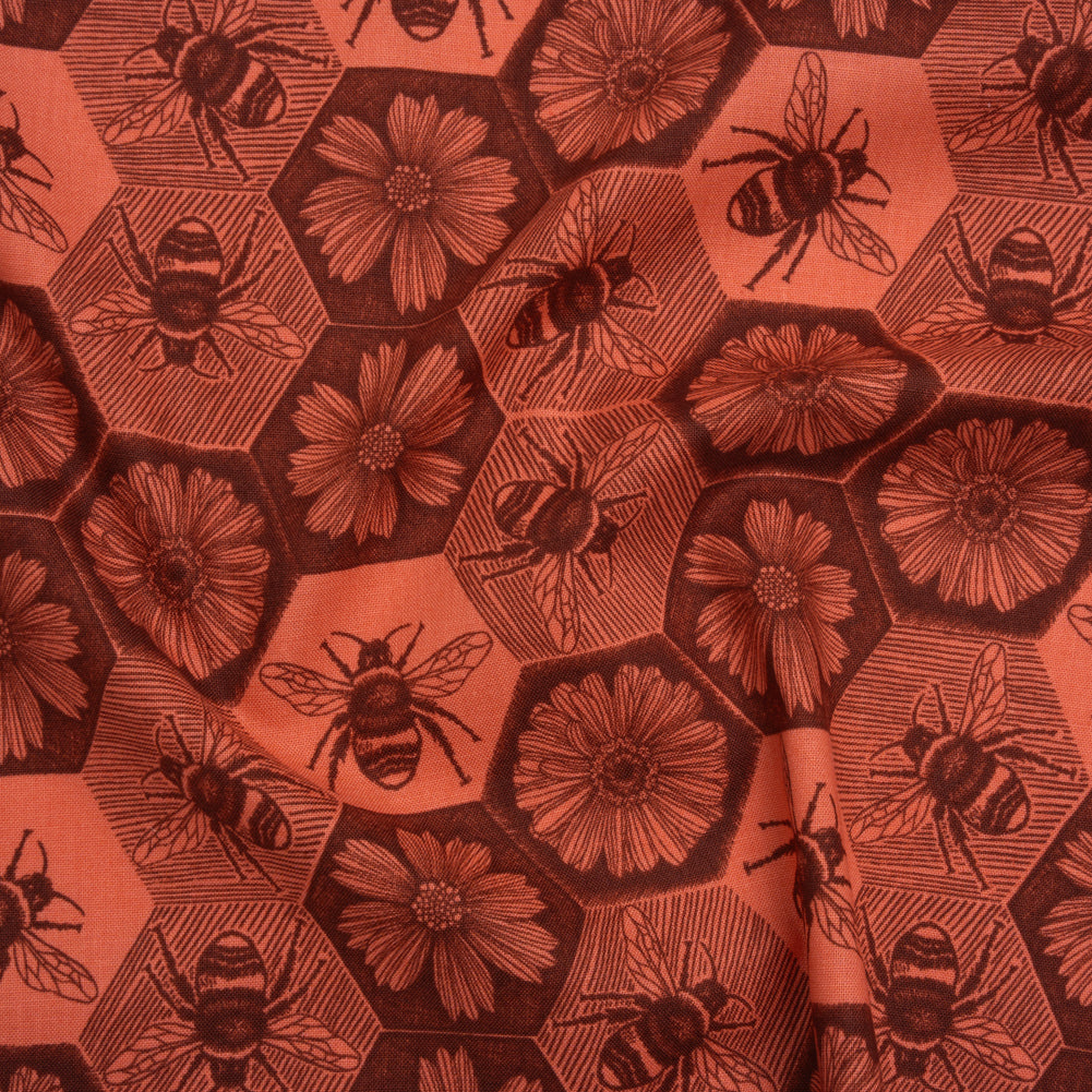 Printed Quilting Cotton by Anna Maria Textiles for Northcott - Coral Busy Bees and Floral Honeycomb - Indelible Ink Collection Printed Quilting Cotton by Anna Maria Textiles for Northcott - Coral Busy Bees and Floral Honeycomb - Indelible Ink Collection