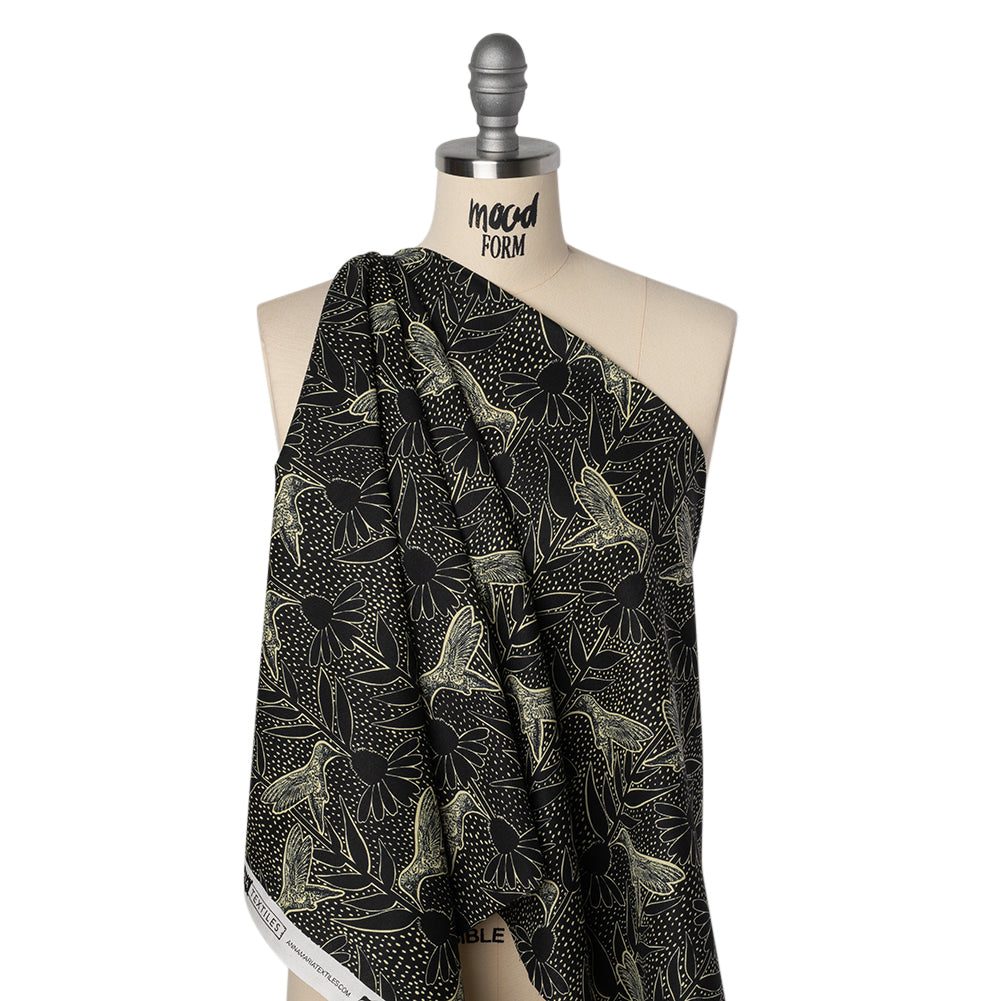 Printed Quilting Cotton by Anna Maria Textiles for Northcott - Black Hummingbirds and Coneflowers - Indelible Ink Collection Printed Quilting Cotton by Anna Maria Textiles for Northcott - Black Hummingbirds and Coneflowers - Indelible Ink Collection