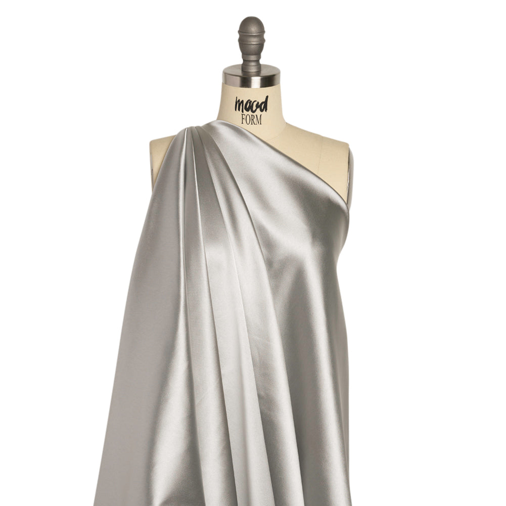 Stretch Satin Made in Italy - Silver with Black Backing - Premium Collection - Drape Stretch Satin Made in Italy - Silver with Black Backing - Premium Collection - Drape