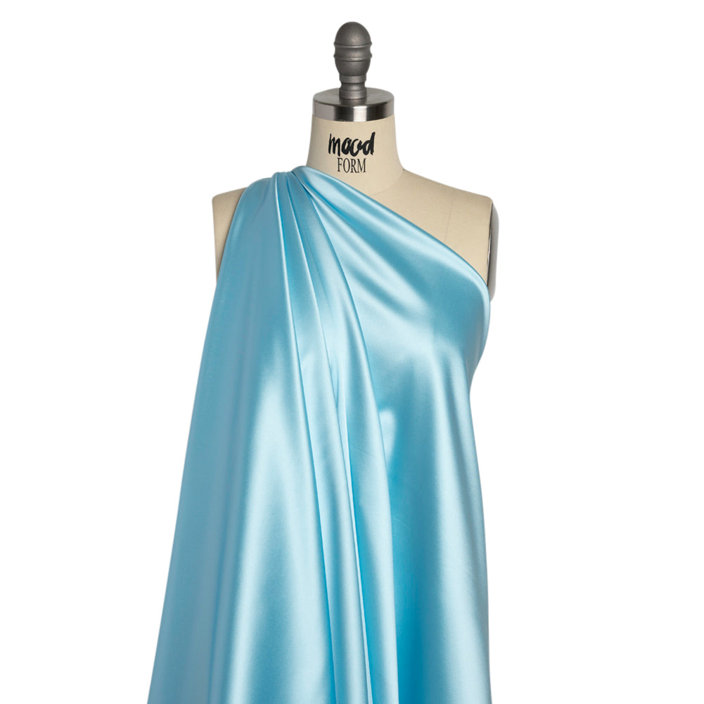 Stretch Satin Made in Italy - Sky Blue with White Backing - Premium Collection - Drape Stretch Satin Made in Italy - Sky Blue with White Backing - Premium Collection - Drape