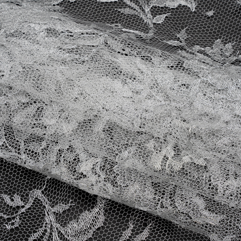French Metallic Chantilly Lace with Finished Scalloped Edges by Solstiss - Metallic Silver and Greige Flowers French Metallic Chantilly Lace with Finished Scalloped Edges by Solstiss - Metallic Silver and Greige Flowers