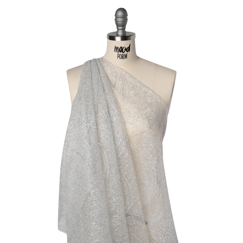 French Metallic Lace by Solstiss - Metallic Silver and Greige Floral Scallops French Metallic Lace by Solstiss - Metallic Silver and Greige Floral Scallops