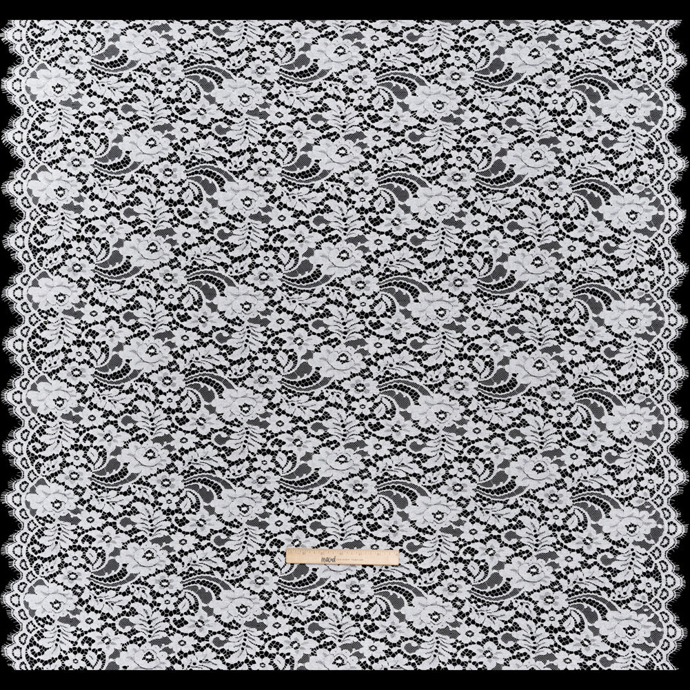 French Corded Polyester and Cotton Lace with Finished Scalloped Edges - White Classic Floral French Corded Polyester and Cotton Lace with Finished Scalloped Edges - White Classic Floral