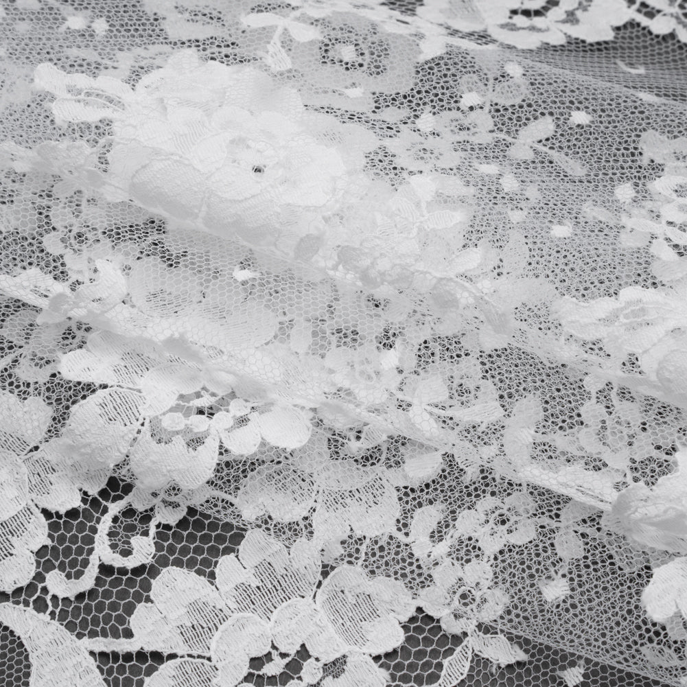 French Cotton Blend Re-Embroidered Lace with Finished Scalloped Edges - White Classic Floral French Cotton Blend Re-Embroidered Lace with Finished Scalloped Edges - White Classic Floral