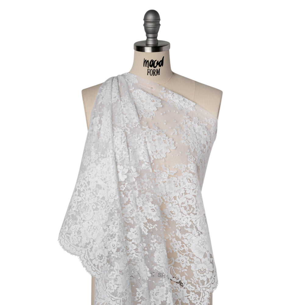 French Cotton Blend Re-Embroidered Lace with Finished Scalloped Edges - White Classic Floral French Cotton Blend Re-Embroidered Lace with Finished Scalloped Edges - White Classic Floral