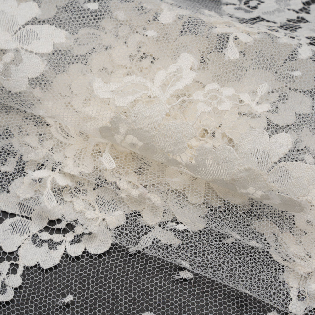 French Cotton Blend Leavers Lace with Finished Scalloped Edges - Greige Classic Floral French Cotton Blend Leavers Lace with Finished Scalloped Edges - Greige Classic Floral