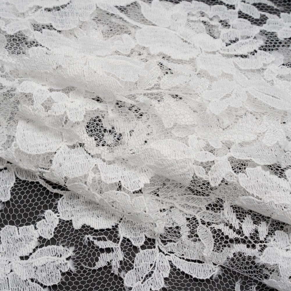 French Cotton Blend Leavers Lace with Finished Scalloped Edges by Solstiss - White Dancing Flowers French Cotton Blend Leavers Lace with Finished Scalloped Edges by Solstiss - White Dancing Flowers