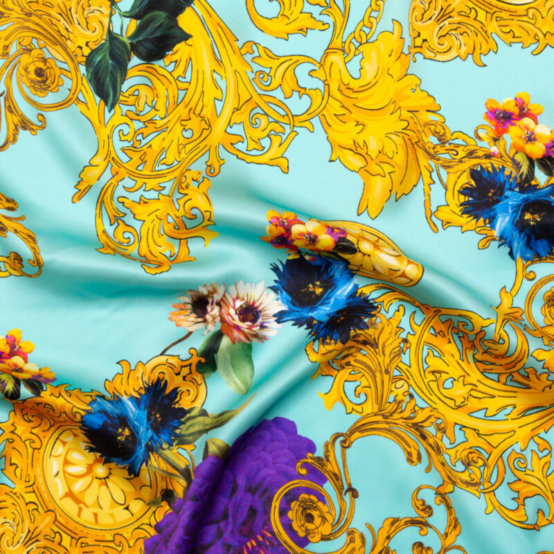 Italian Turquoise and Gold Ornate Floral Digitally Printed Silk Charmeuse