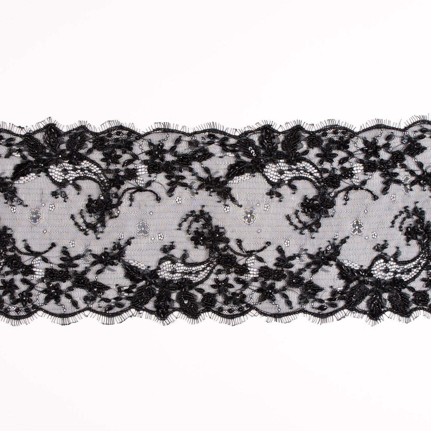 Black Beaded and Sequined Lace Trim - 6.5"