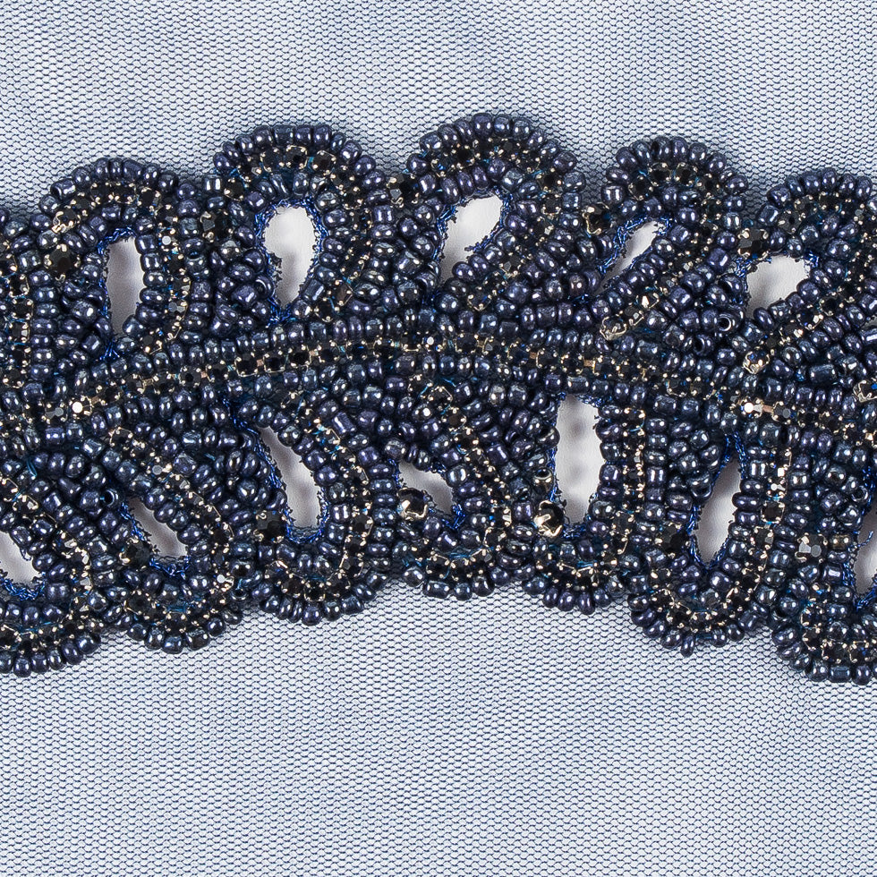 Navy Fancy Beaded Rhinestone Trim - 2 - Detail