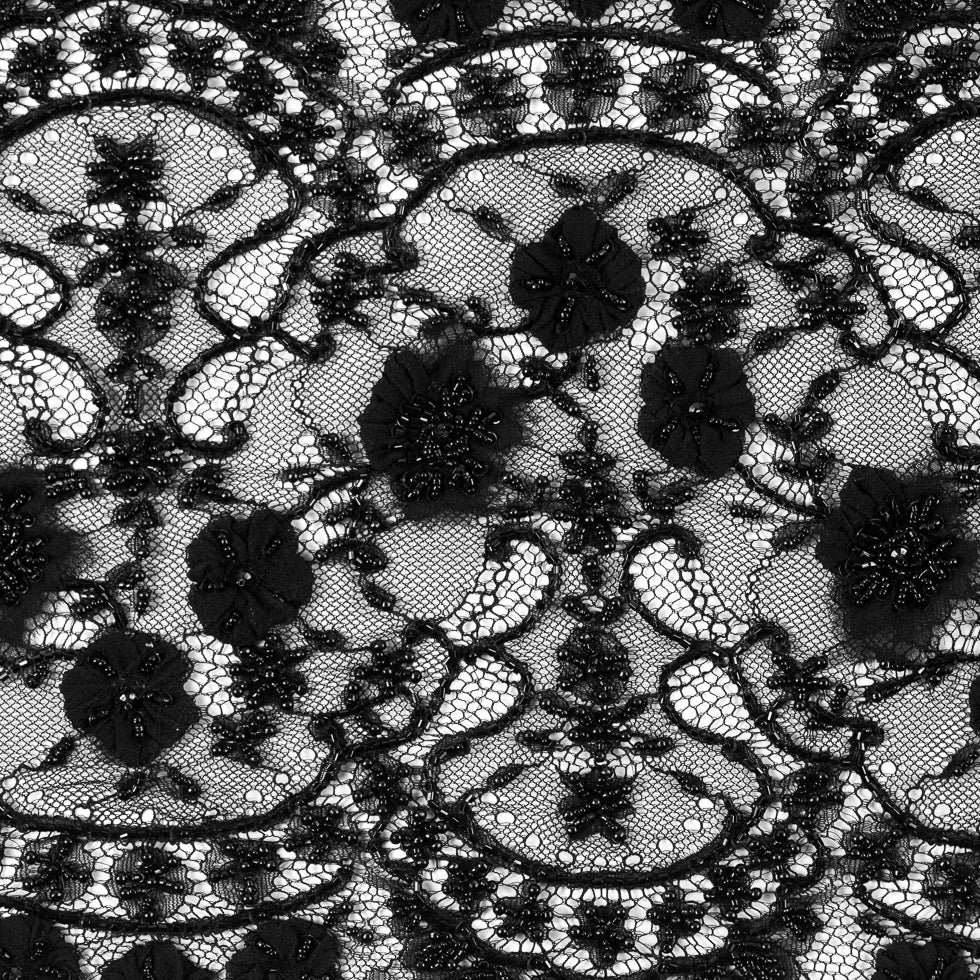 Black Beaded Lace with Eyelash Edge - 10 - Detail