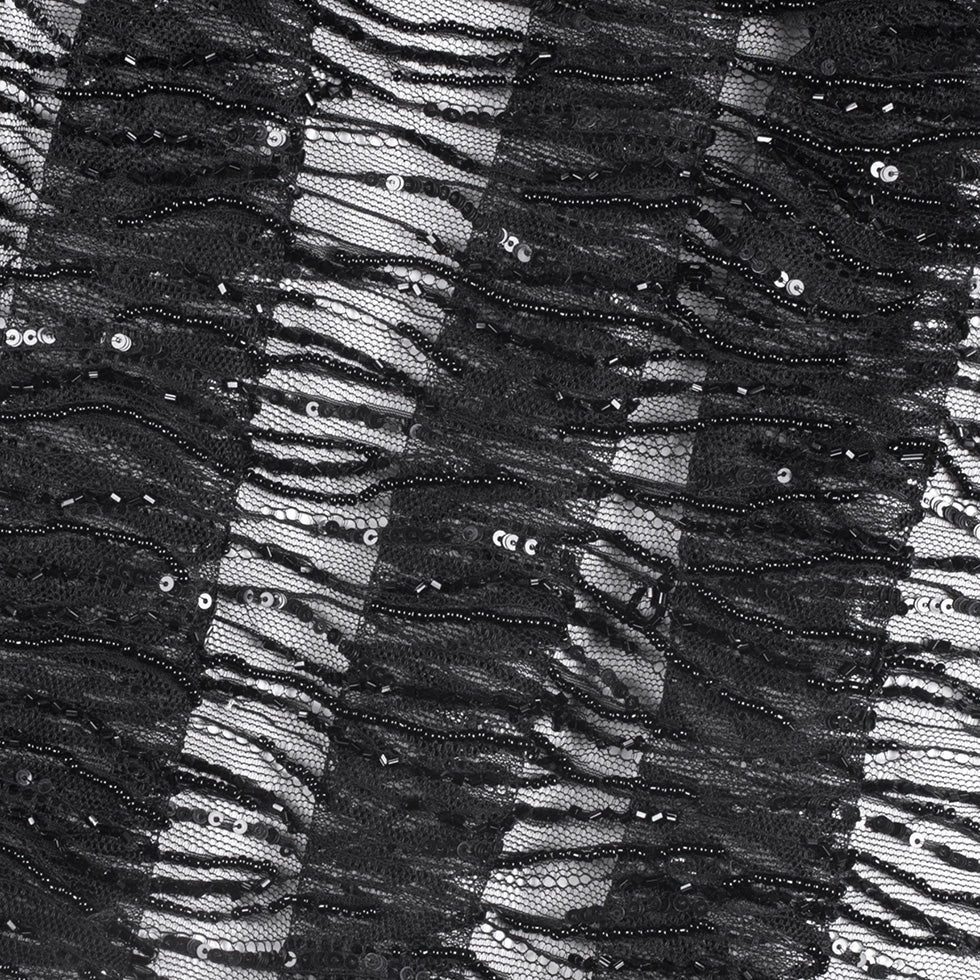 Black Scallop Edge Beaded and Sequined Lace - Detail