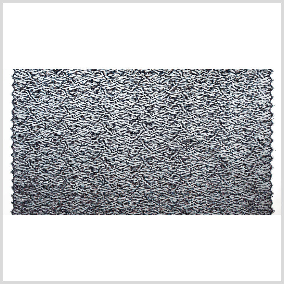 Beaded and Sequined Lace with Scallop Edge - Dark Navy Abstract Folded