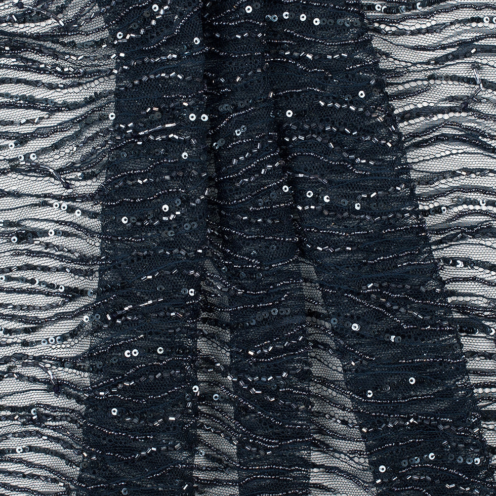 Beaded and Sequined Lace with Scallop Edge - Dark Navy Abstract Detail